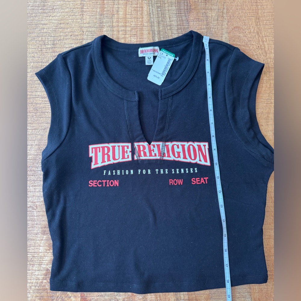 True Religion Black Cropped Logo Tank with Red Print